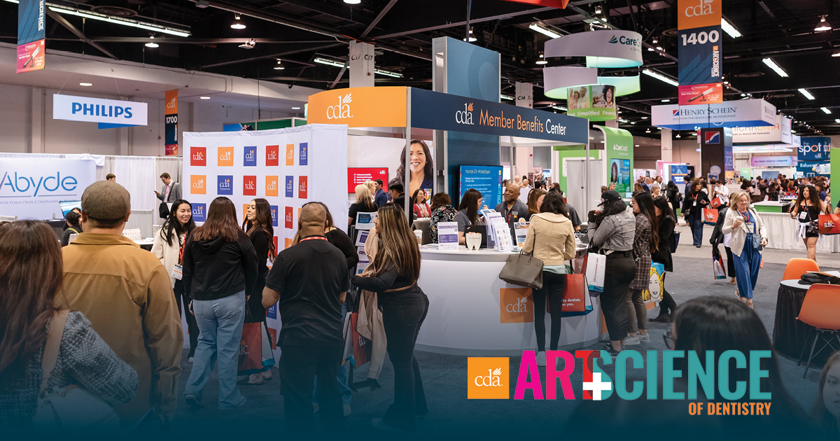 Exhibit hall shows people, booths and signage with names of brands and companies, including Abyde, Philips, Henry Schein Cares and TDIC. Booth at center prominently reads CDA Member Benefits Center.